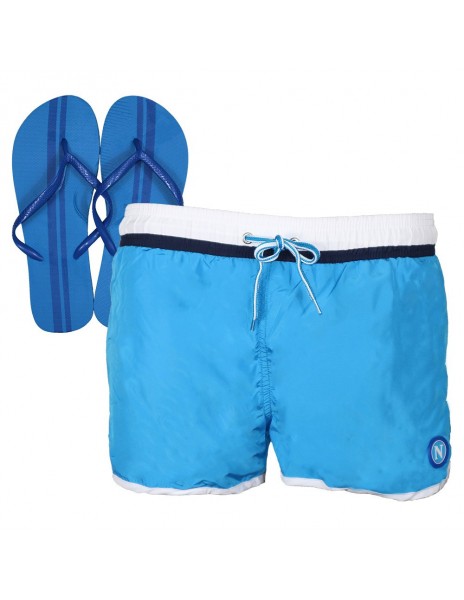 SWIMSUIT BEACH PANT SHORTS LIGHT BLUE AND FLIP FLOPS